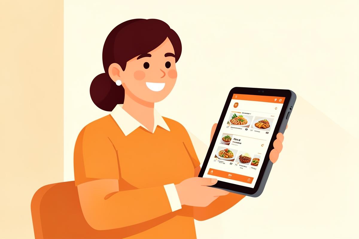 Empreendedora usando um tablet com o cardápio digital do seu restaurante